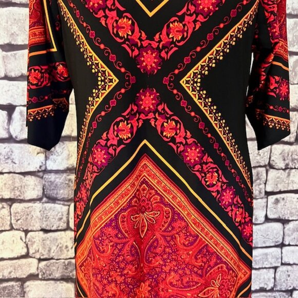 London Times Red, Black & Orange Half Sleeve Dress Size 6P - Picture 3 of 10